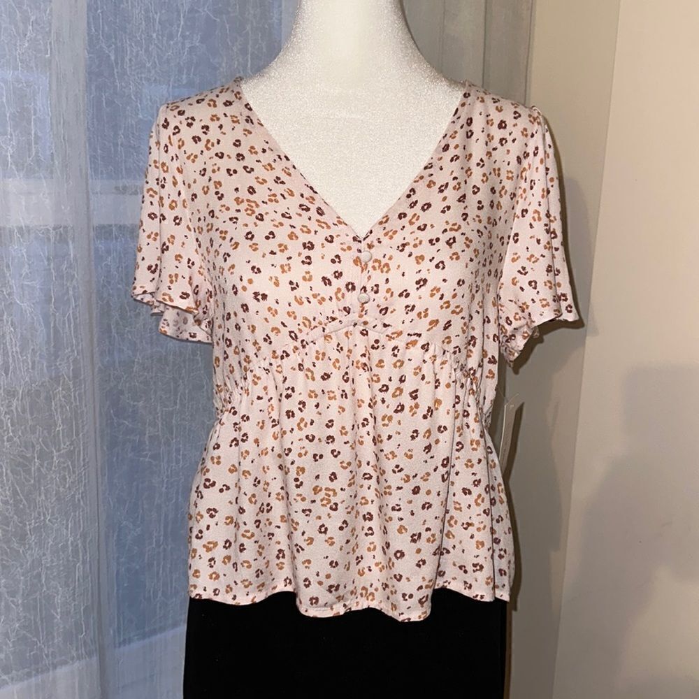 Urban Romantics S Blush Pink Tan Brown Animal Print Cropped Peplum Blouse